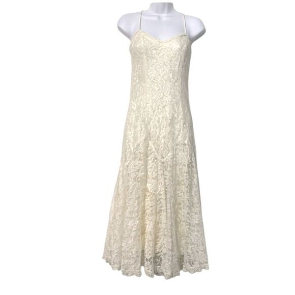 Vintage 70s Gunne Sax Lace Tea Length Cream Midi Dress Sleeveless Size 5 US 2/4 - Picture 1 of 8